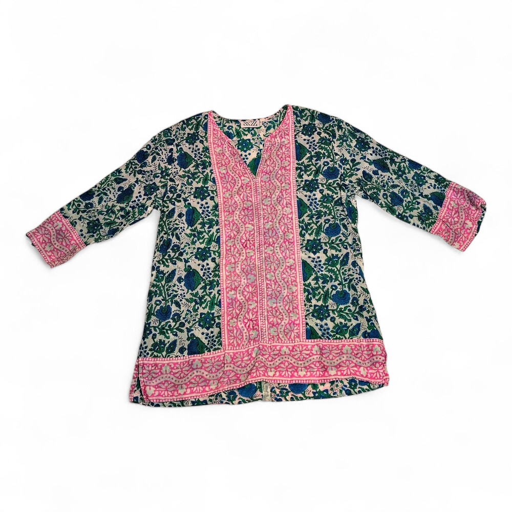 SZ Blockprints Pink Floral Block-Print Cotton Tunic - S